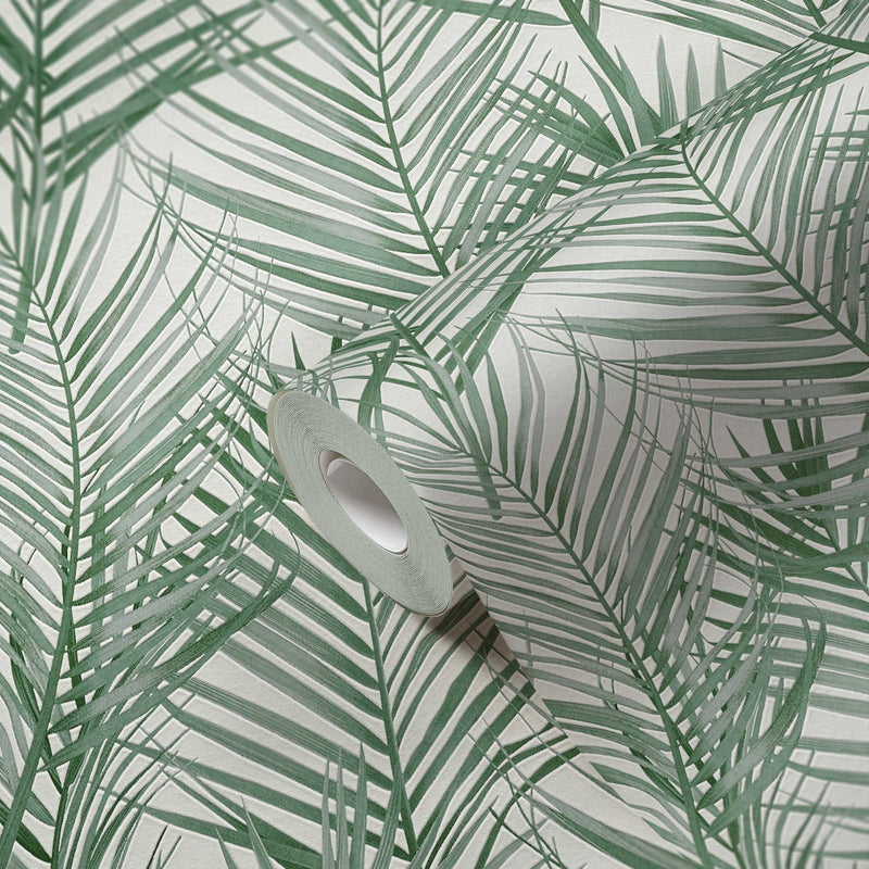 Non-Woven wallpapers with large palm leaves: green, 1372355 AS Creation