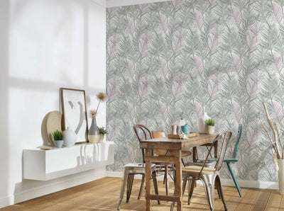 Non-Woven wallpapers with large palm leaves: green, grey, white, 1372356 AS Creation