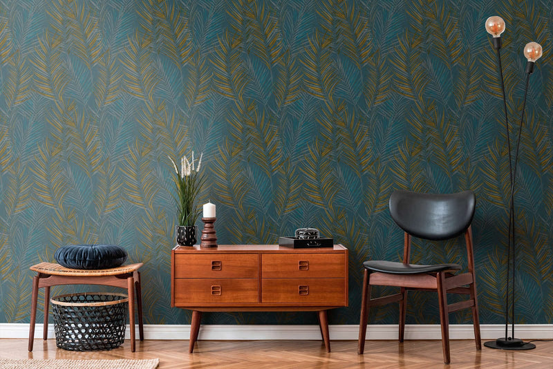 Non-Woven wallpapers with large palm leaves: blue, yellow - 1372363 AS Creation