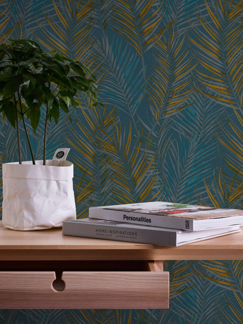 Non-Woven wallpapers with large palm leaves: blue, yellow - 1372363 AS Creation