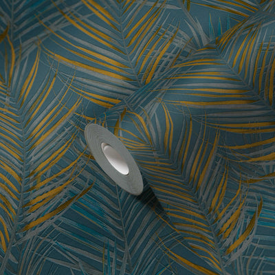 Flizelino tapetai su dideliais palmių lapais: mėlyna, geltona - 1372363 AS Creation