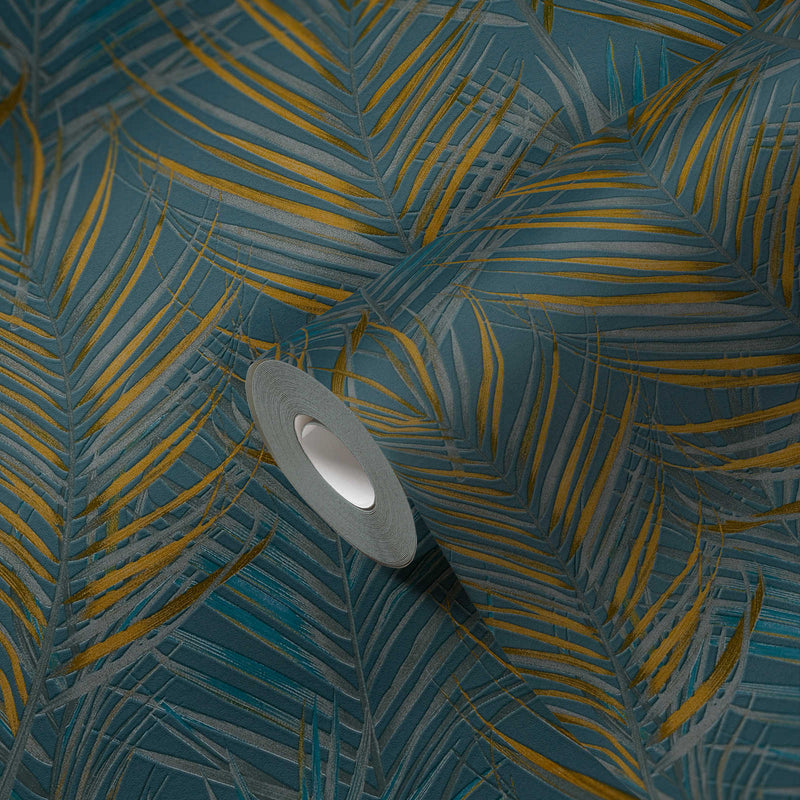 Non-Woven wallpapers with large palm leaves: blue, yellow - 1372363 AS Creation