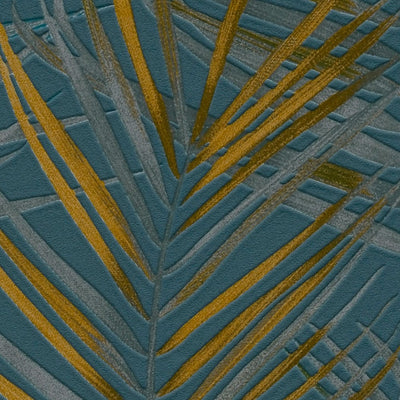 Non-Woven wallpapers with large palm leaves: blue, yellow - 1372363 AS Creation