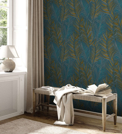 Non-Woven wallpapers with large palm leaves: blue, yellow - 1372363 AS Creation