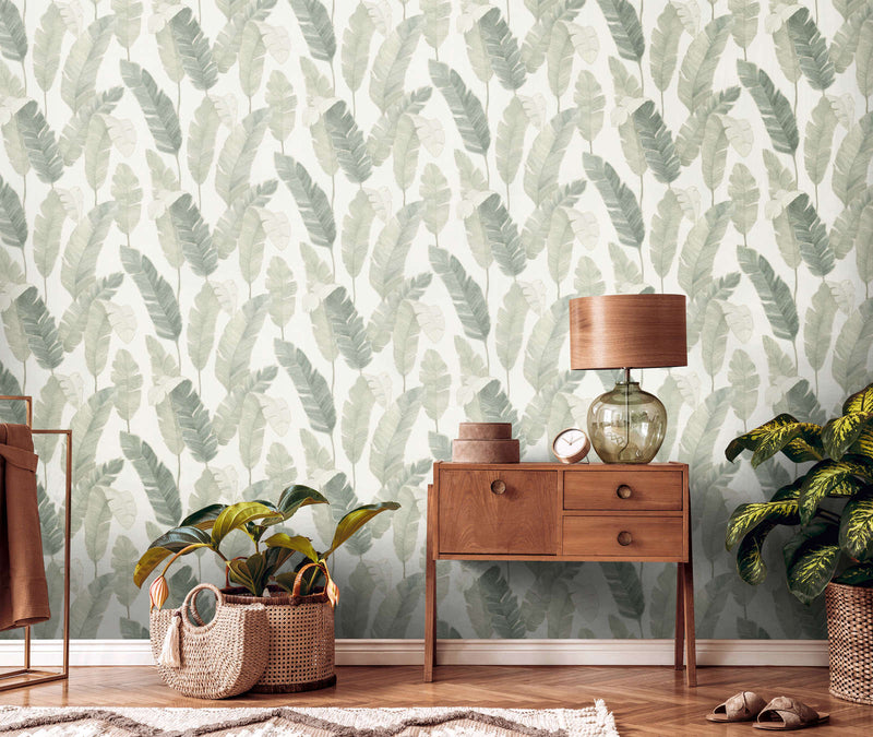 Flizeline wallpaper with palm leaves in light green, 1375770 AS Creation