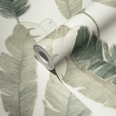 Flizeline wallpaper with palm leaves in light green, 1375770 AS Creation