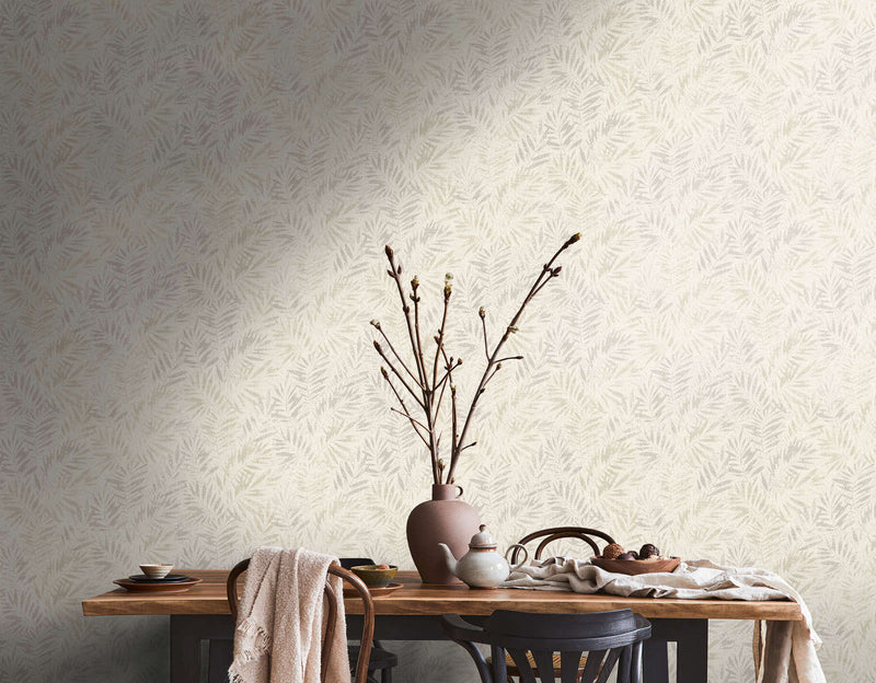 Non-woven wallpaper with glossy leaf pattern in light shades, 1374042 AS Creation