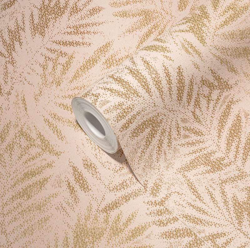 Non-woven Wallpaper with shiny leaf pattern in pink and gold, 1374043 AS Creation