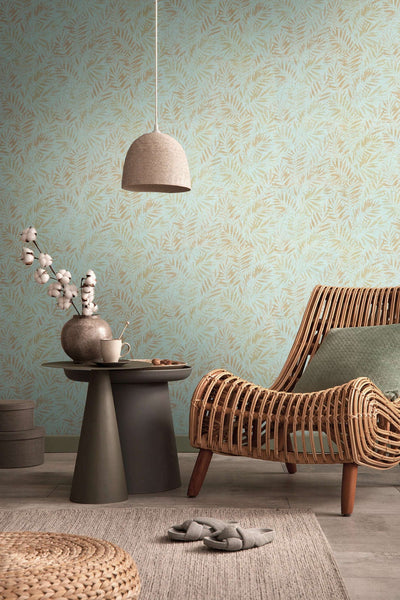 Non-woven wallpaper with shiny leaf pattern in green and gold, 1374044 AS Creation