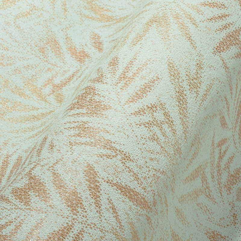 Non-woven wallpaper with shiny leaf pattern in green and gold, 1374044 AS Creation