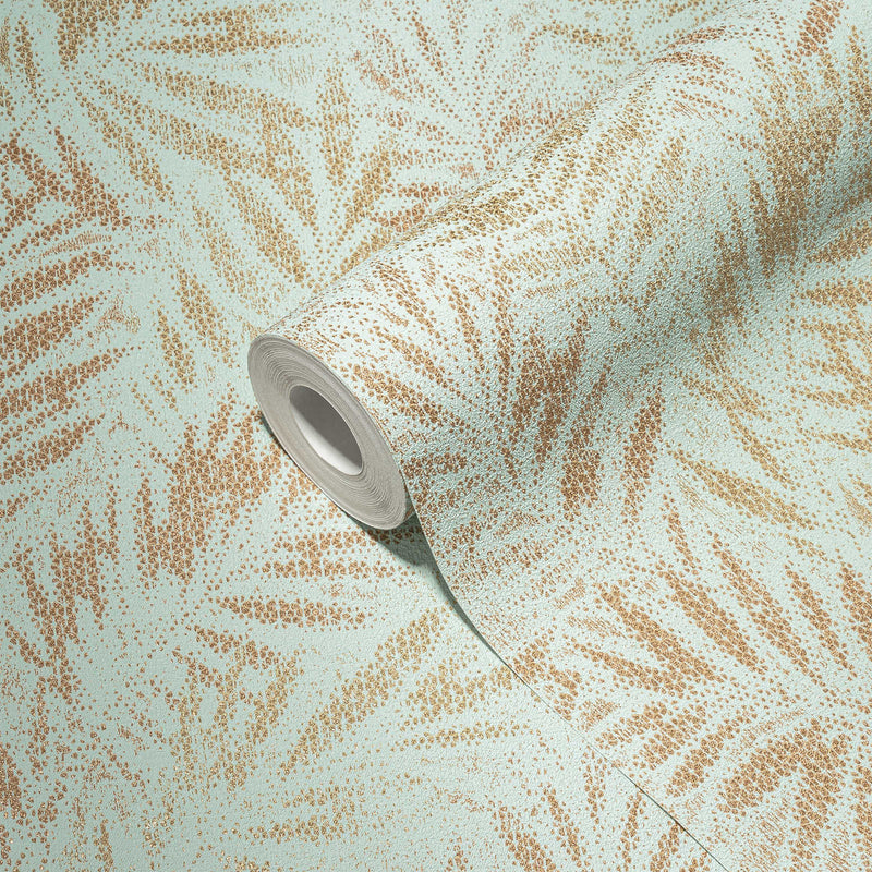 Non-woven wallpaper with shiny leaf pattern in green and gold, 1374044 AS Creation