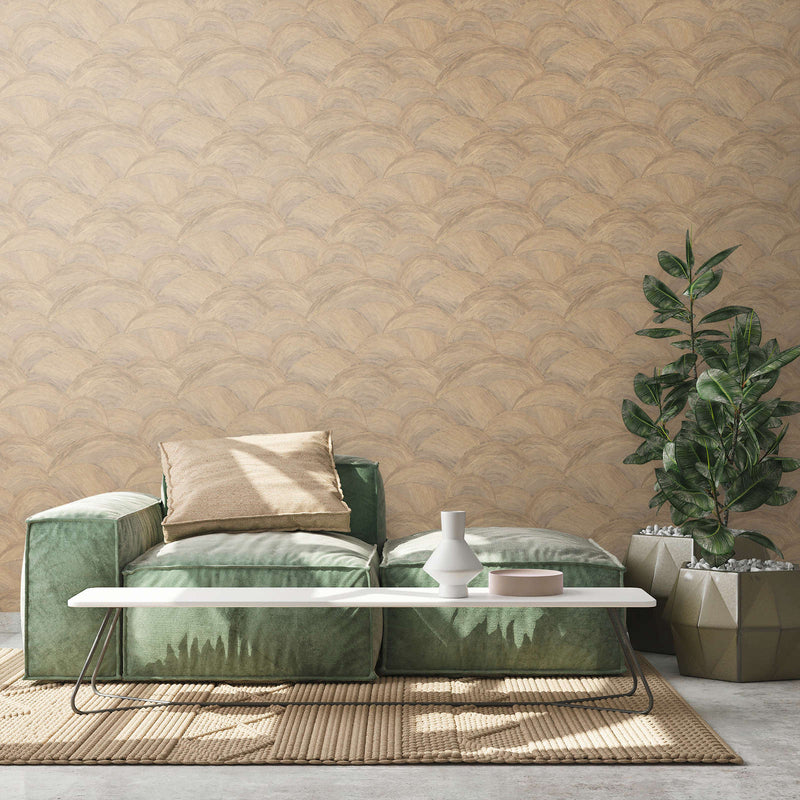 Non-woven wallpaper with shiny wave pattern in brown, gold - 1373616 AS Creation