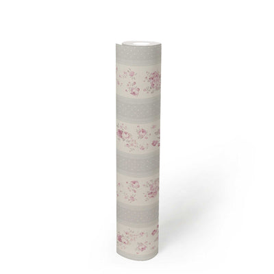 Non-Woven wallpapers with stripes, flowers and dots: grey, pink - 1373044 AS Creation