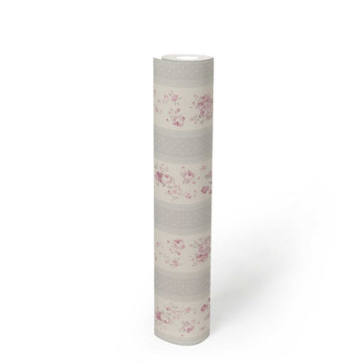 Flizelino tapetai su juostelėmis, gėlėmis ir taškeliais: pilka, rožinė - 1373044 AS Creation