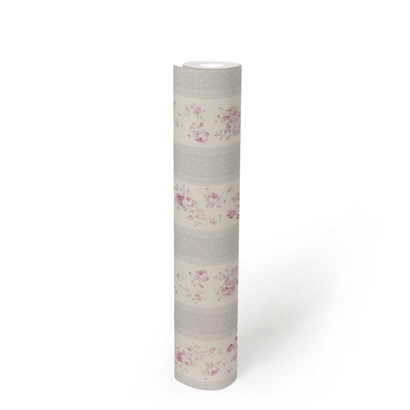 Flizelino tapetai su juostelėmis, gėlėmis ir taškeliais: pilka, rožinė - 1373044 AS Creation