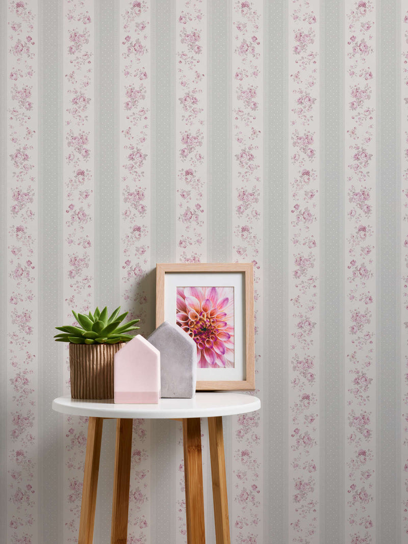 Non-Woven wallpapers with stripes, flowers and dots: grey, pink - 1373044 AS Creation