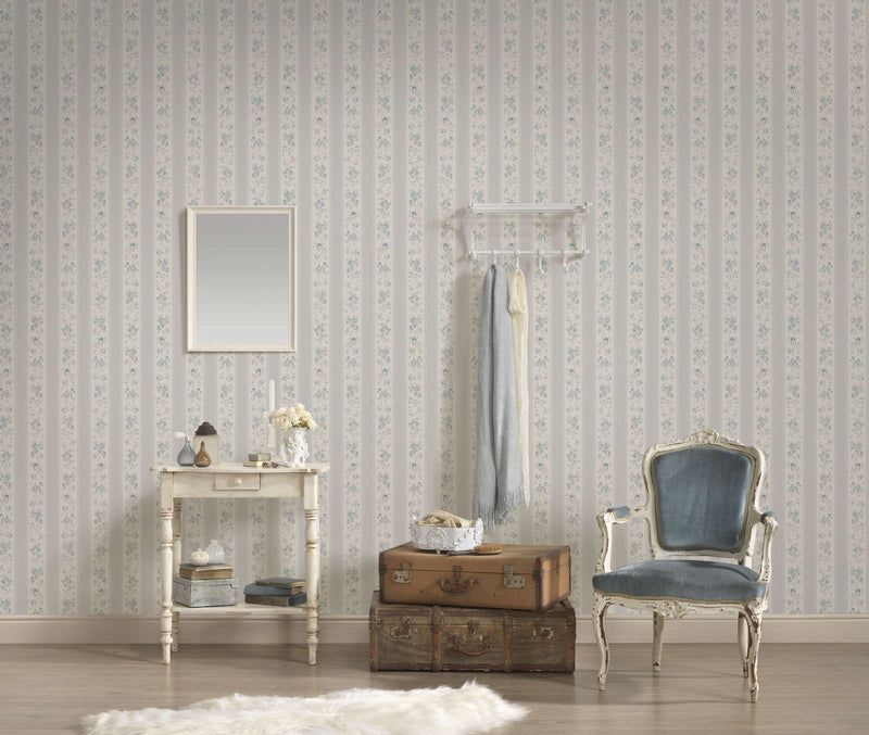 Non-Woven wallpapers with stripes, flowers and dots: grey, blue - 1373045 AS Creation