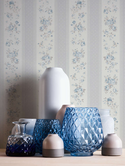 Non-Woven wallpapers with stripes, flowers and dots: grey, blue - 1373045 AS Creation