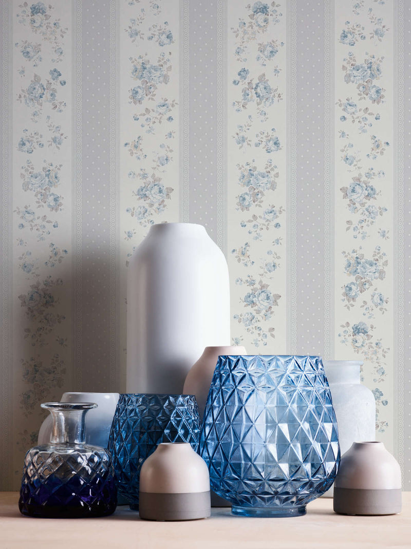 Flizelino tapetai su juostelėmis, gėlėmis ir taškeliais: pilka, mėlyna - 1373045 AS Creation
