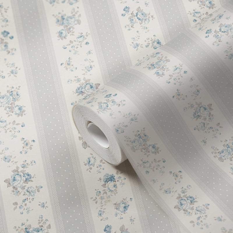 Non-Woven wallpapers with stripes, flowers and dots: grey, blue - 1373045 AS Creation