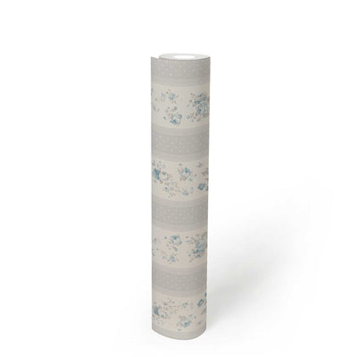 Non-Woven wallpapers with stripes, flowers and dots: grey, blue - 1373045 AS Creation