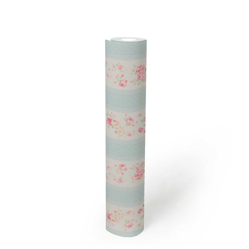 Flizelīna tapetes ar svītrām, ziediem un punktiņiem: zilā, rozā krāsā - 1373043 AS Creation