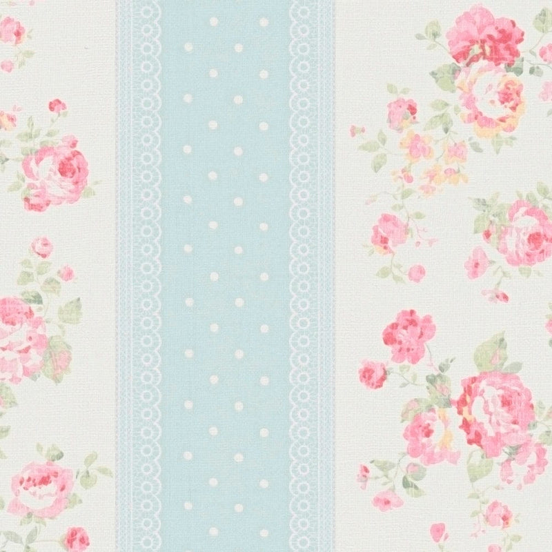Flizelino tapetai su juostelėmis, gėlėmis ir taškeliais: mėlyna, rožinė - 1373043 AS Creation