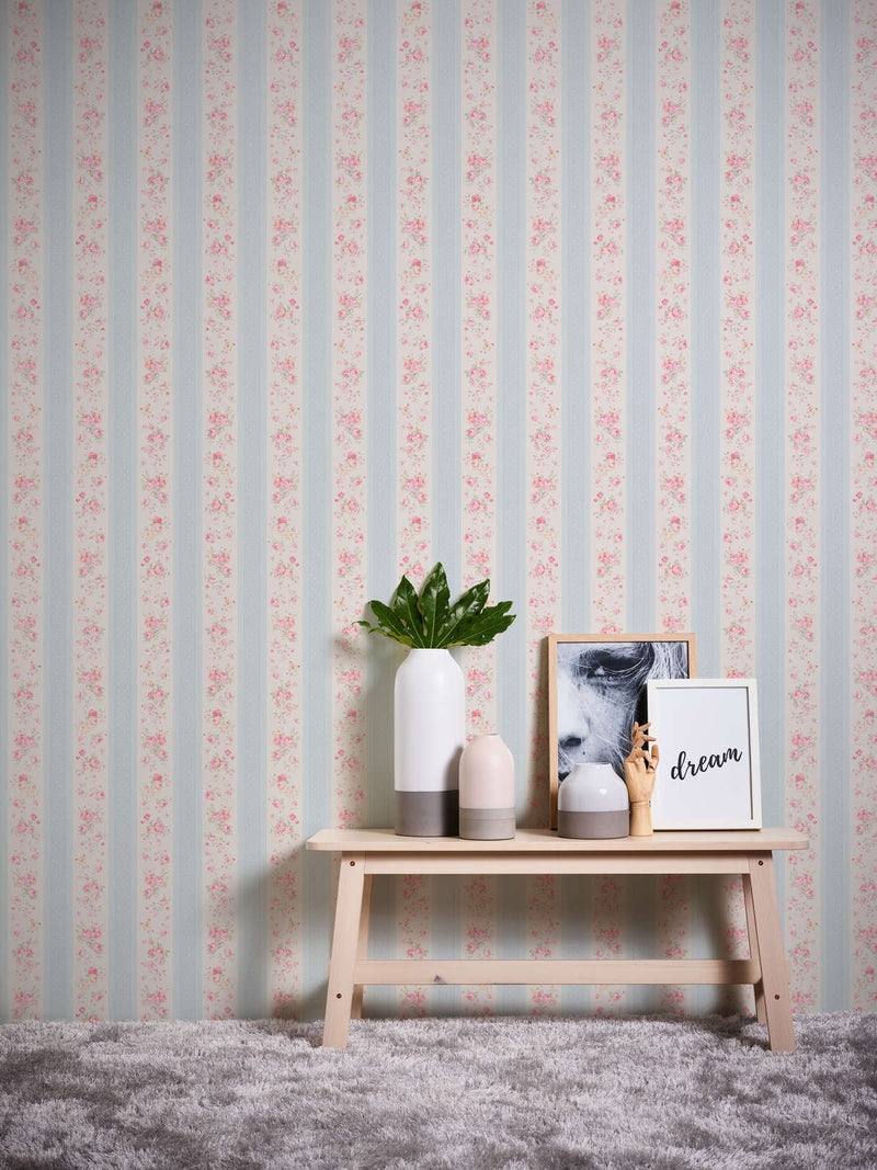 Non-Woven wallpapers with stripes, flowers and dots: blue, pink - 1373043 AS Creation