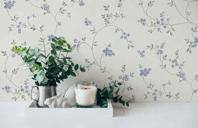 Non-Woven wallpapers with floral pattern - white, grey, blue, 1373071 AS Creation