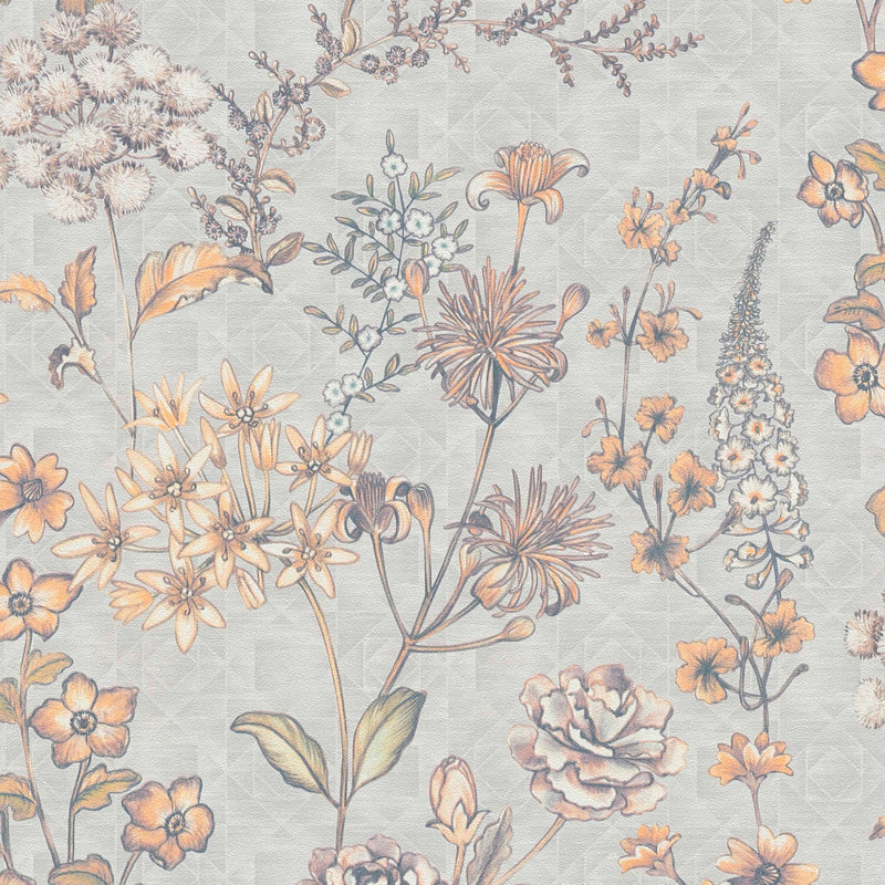 Non-woven wallpaper with floral vintage design, grey and orange - 1374003 AS Creation