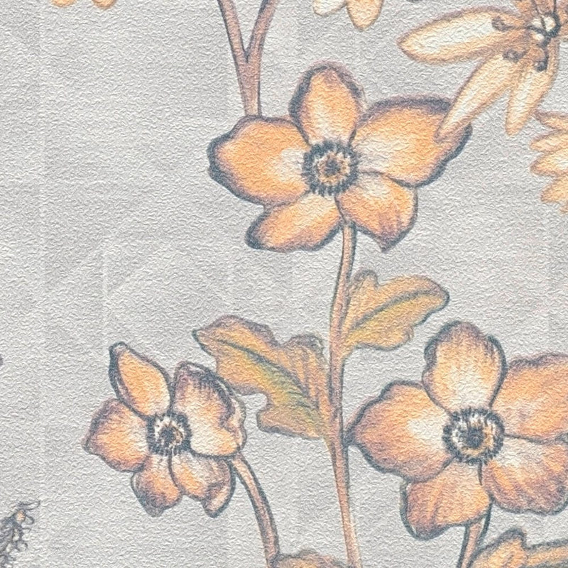 Flizeline tapeet lillelise vintage mustriga, hall ja oranž - 1374003 AS Creation