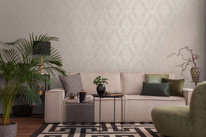 Flizelīna tapetes baroka stilā taupe/pelēkā krāsā ar mirdzuma efektu – Mūsdienīga elegance | 1410530 AS Creation
