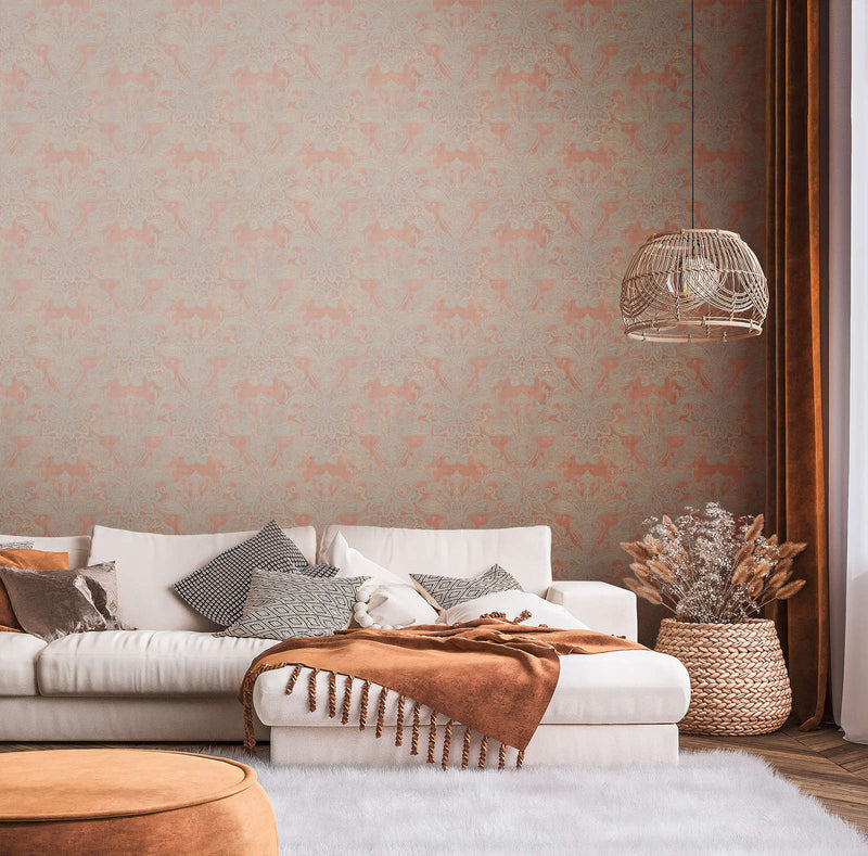 Non-woven Baroque wallpaper with ornaments in orange and gold, 1374030 AS Creation