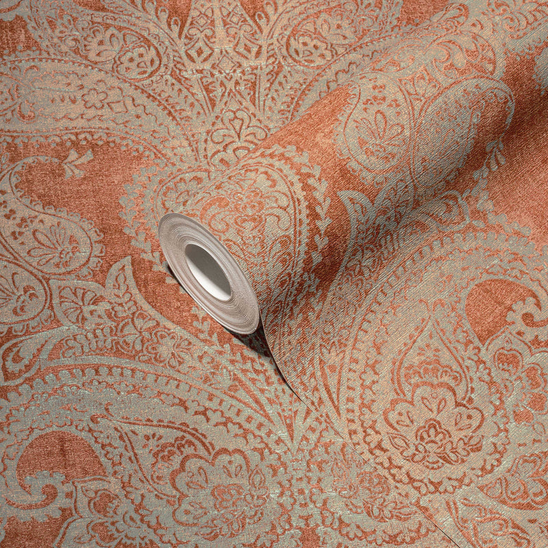 Non-woven Baroque wallpaper with ornaments in orange and gold, 1374030 AS Creation