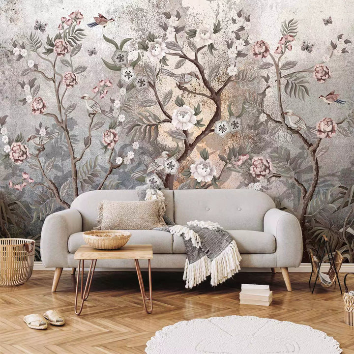 Fototapetai su paukščiais ant gėlių, pilkos ir rožinės spalvos, 138587