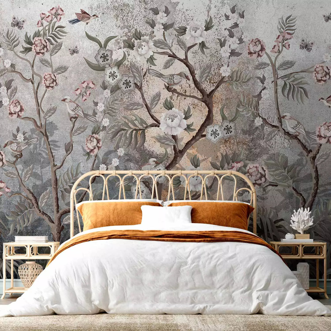 Fototapetai su paukščiais ant gėlių, pilkos ir rožinės spalvos, 138587