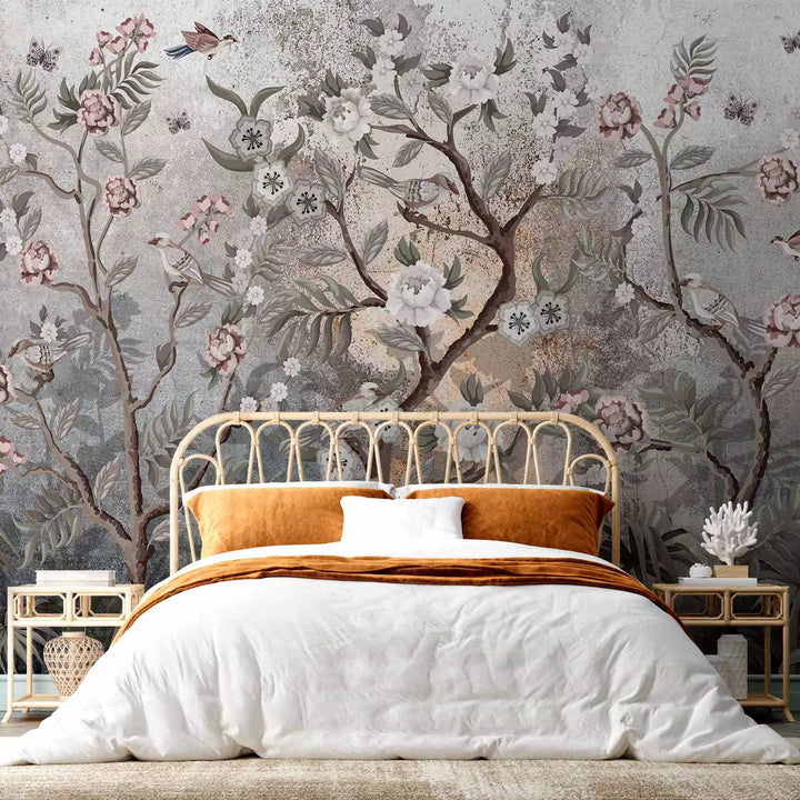 Fototapetai su paukščiais ant gėlių, pilkos ir rožinės spalvos, 138587