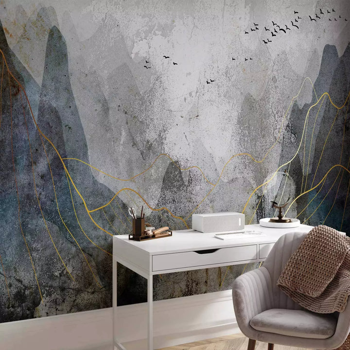 Valokuvatapetti tyyliteltyjä vuoria harmaan sävyissä, 136324