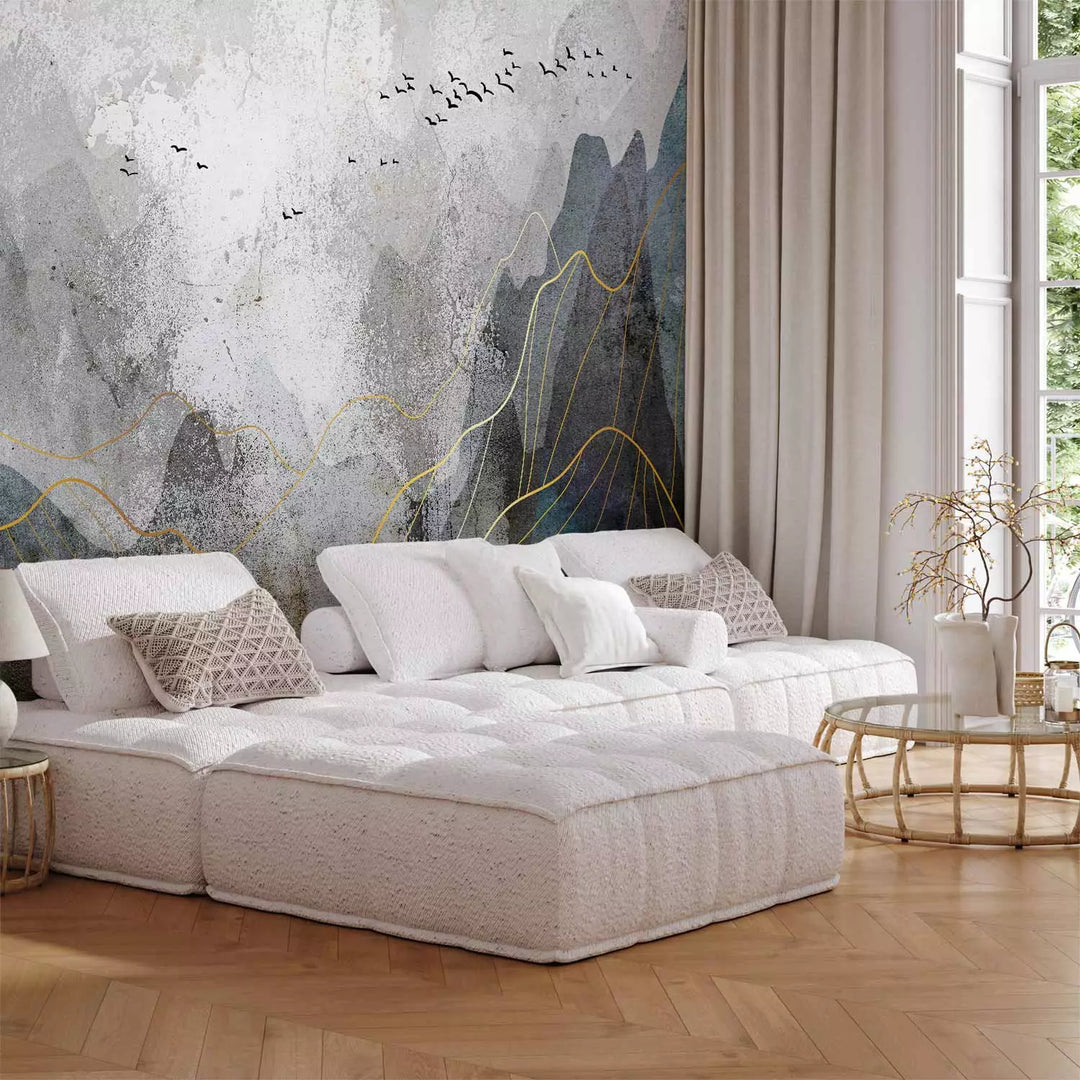 Valokuvatapetti tyyliteltyjä vuoria harmaan sävyissä, 136324