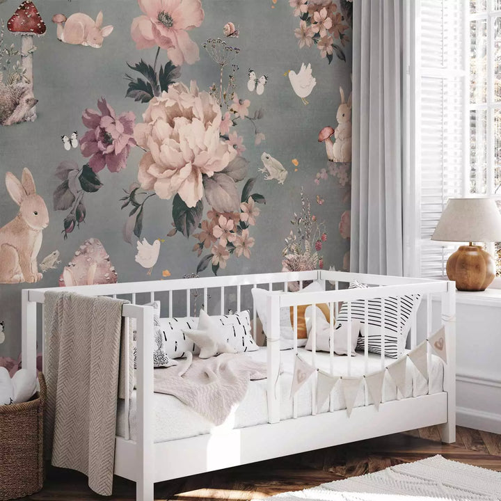 Фотообои - Лесные животные среди цветов на сером фоне, 149203