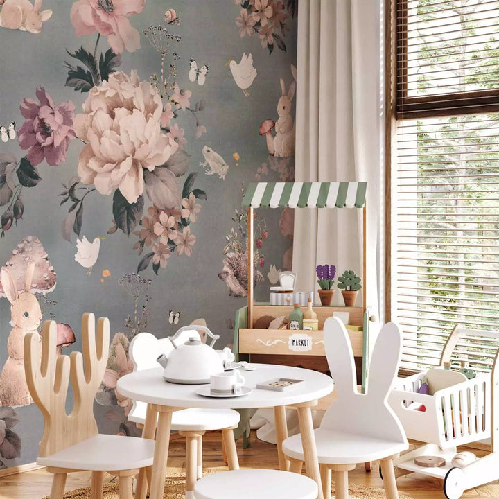 Фотообои - Лесные животные среди цветов на сером фоне, 149203