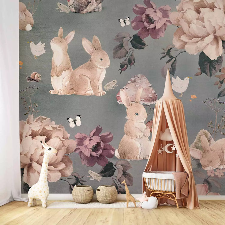 Фотообои - Лесные животные среди цветов на сером фоне, 149203