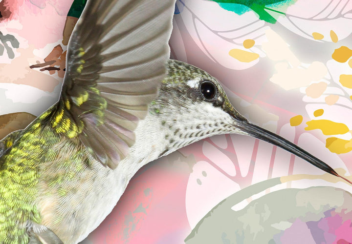 Fototapetes kolibri un stilizētiem ziediem 108143 (daudzkrāsainas) G-ART