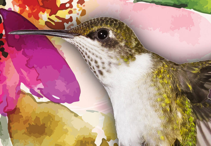 Fototapetes kolibri un stilizētiem ziediem 108143 (daudzkrāsainas) G-ART
