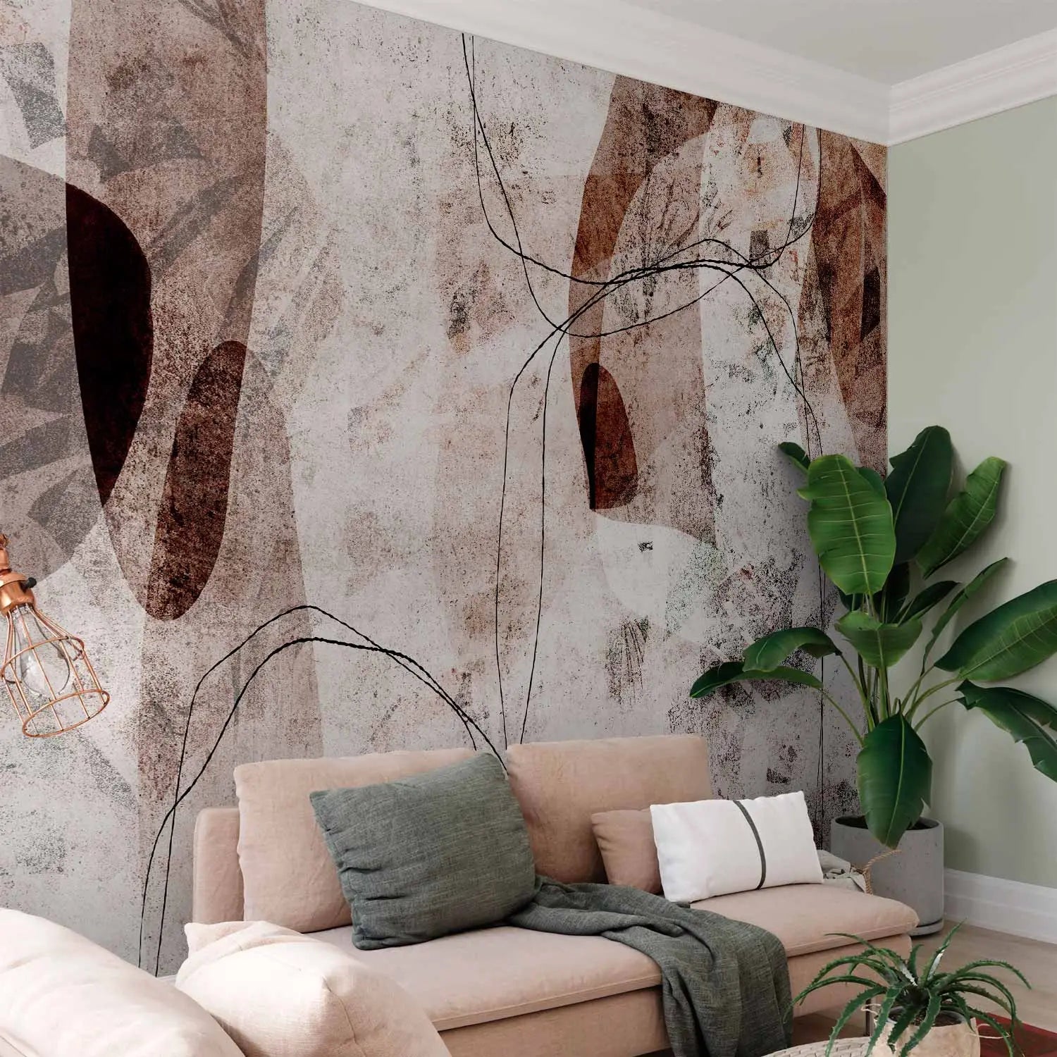 Abstract photo wallpaper featuring overlapping organic shapes in brown, beige, and terracotta tones, complemented by delicate graphic lines and a textured background.