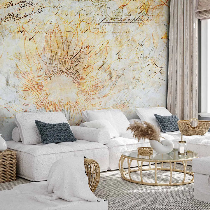 Vintage stiliaus fototapetai su dideliu saulėgrąžos žiedu, lapų motyvais ir balta kampine apdaila