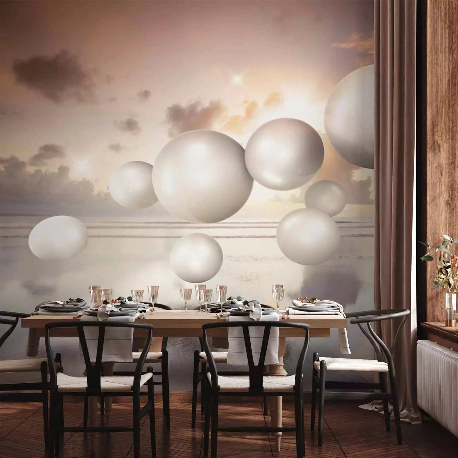 Fototapetes - Abstrakcija ar saullēktu - baltas pērles lido virs jūras G-ART