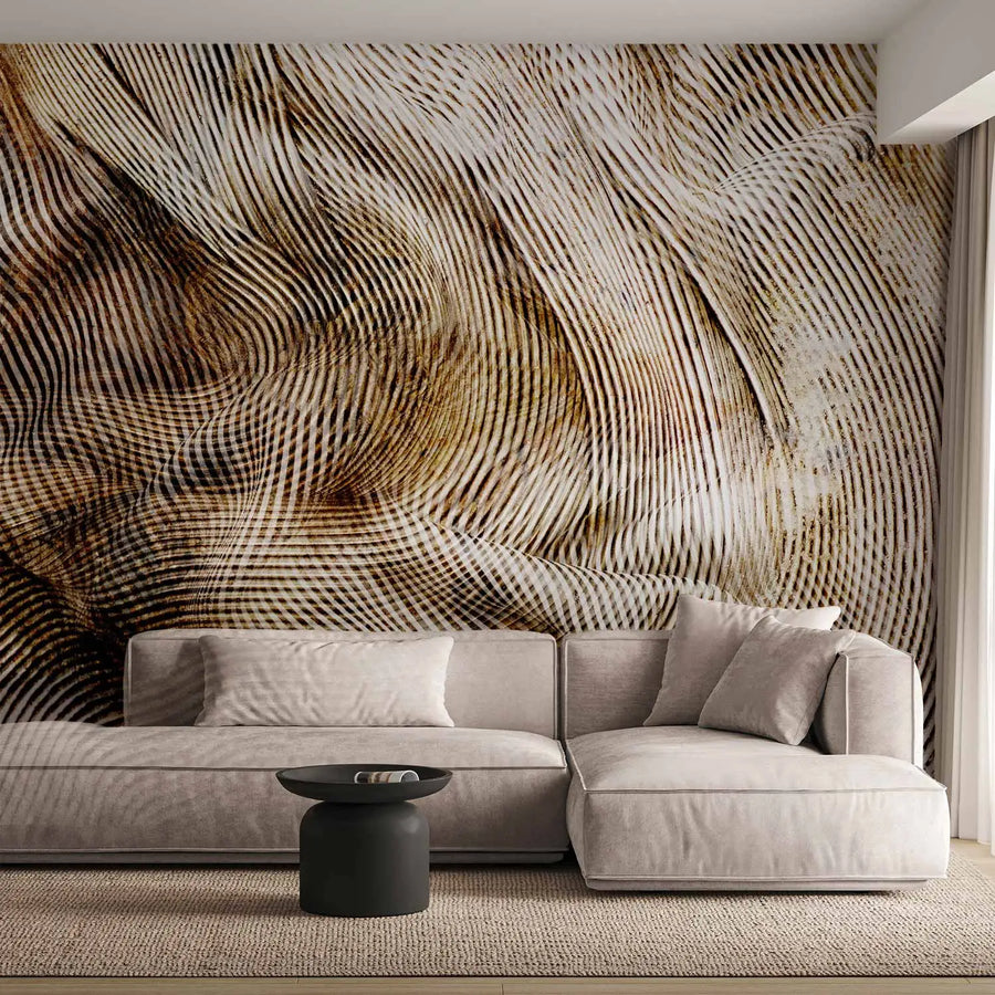 Абстрактные фотообои с гипнотическим 3D-эффектом, на которых изображены плавные, волнистые линии в коричневых, песочных и белых тонах, создающие визуальную иллюзию рифленой штукатурки или складок ткани.
