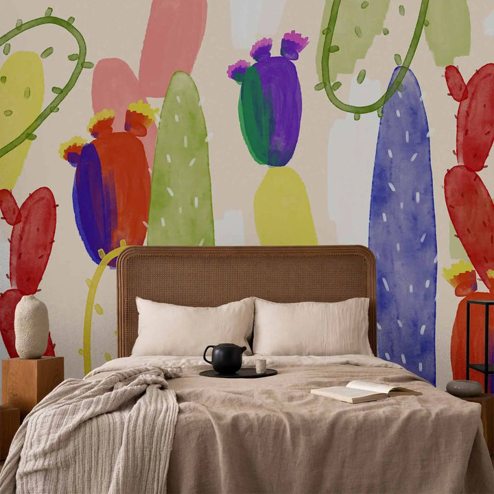 Krāsaina fototapete ar stilizētiem kaktusiem akvareļu tehnikā dažādās krāsās - gaišā guļamistabā