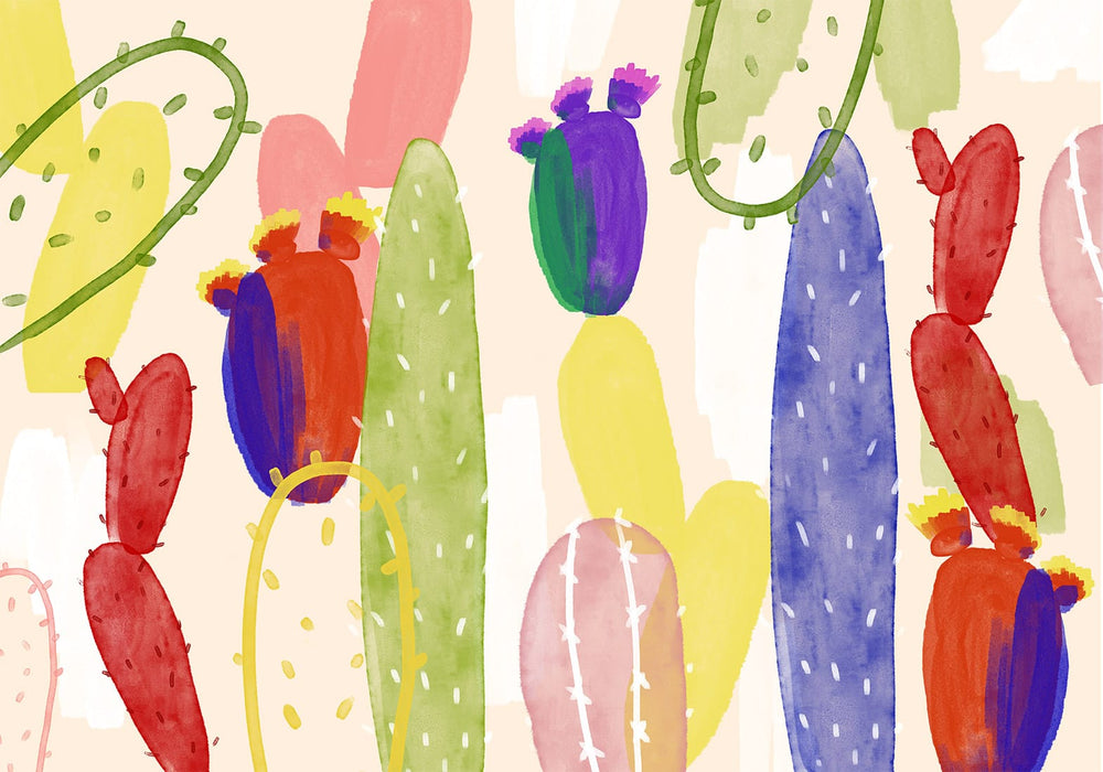 Цветные фотообои со стилизованными кактусами в акварельной технике в различных цветах Tapetenshop.lv
